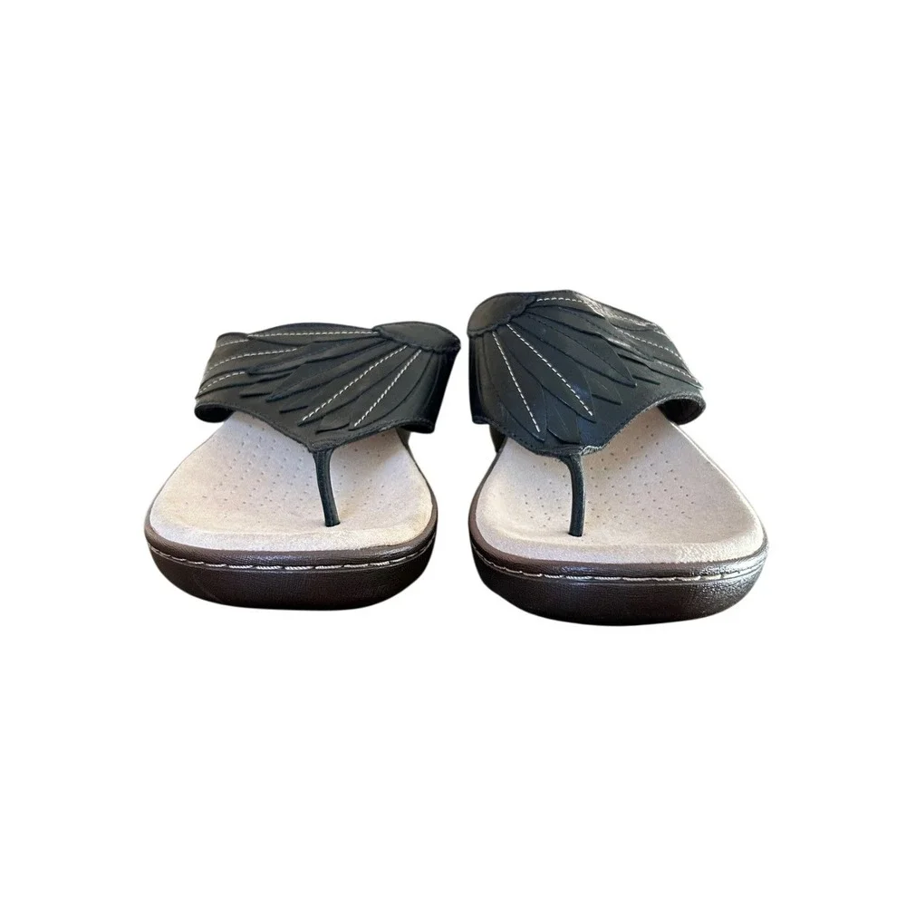Clarks Collection Women Black Leather Wedge Thong Flip Flop Sandals‎ Size 11